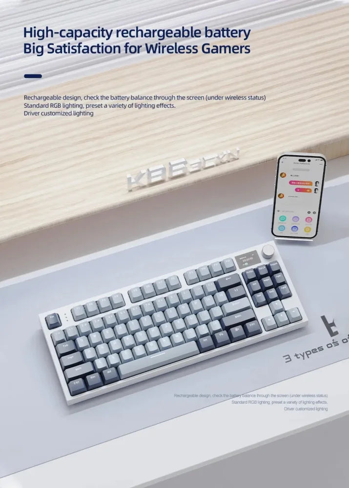 Teclado Gamer K86 com Retroiluminação Colorida, Mecânico, 87 Teclas, Conexão com Fio/ Sem Fio, Hot Swap Silencioso para Computador e Tablet