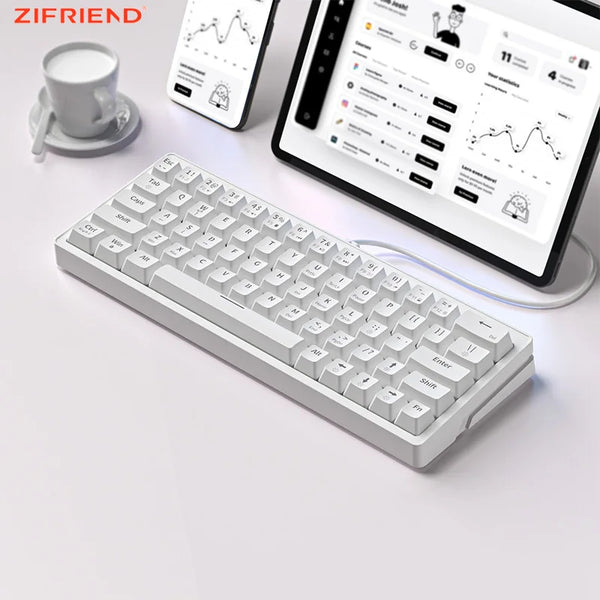 Teclado Mecânico ZIFRIEND ZA63 63 Teclas Hot Swappable, RGB, Switches Vermelho/Azul, Anti-Ghosting - Teclado Gamer 60%, Keycaps Brancos